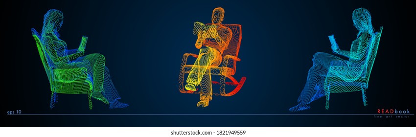 Reading man and woman sitting in comfy hanging chair vector line illustration. Set of vector concept book reading art