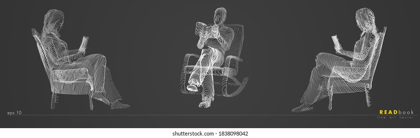 Reading man and woman sitting in comfy hanging chair vector line illustration. Set of vector concept book reading art	
