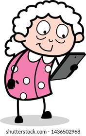 Reading Messages - Old Woman Cartoon Granny Vector Illustration