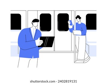 Leer en una ilustración de vector conceptual abstracta del metro. Hombre leyendo un libro sobre el camino, transporte urbano, transporte subterráneo público, pasajeros del metro, literatura de carreteras metáfora abstracta.