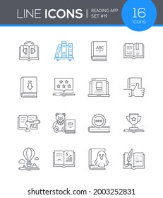Reading mobile app - line design style icons set. Literature and library idea. Audiobook, review, popular, detective, for children, bestseller. Adventure, business books, horror, classic genres