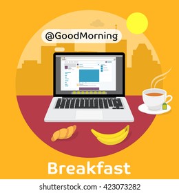 Reading the morning news from a laptop screen. Modern breakfast with coffee, croissant and fruit. Vector illustration on the background of megalopolis