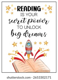 Reading Motivation Poster for Kids – Big Dreams, Secret Power, Educational Wall Art, Classroom Decor, Positive Affirmation Poster

