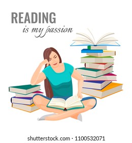 Reading my passion poster with woman among book piles