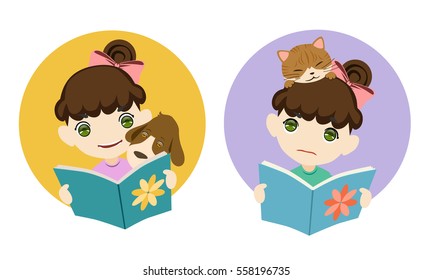 Reading with my pet, cartoon vector illustration
