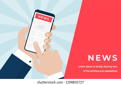 
Reading News Concept with Businessman Hand Holding a Smartphone with Articles on a Shining Background. Suitable for Web banner, Infographics, Hero images. Flat Vector illustration 