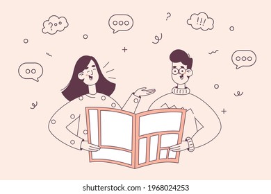 Reading news concept. Young smiling woman and man colleagues of friends cartoon characters reading and discussing news in newspaper together during meeting vector illustration 