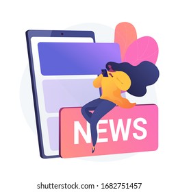 Reading news. Latest world events. Breaking stories, comments, issues. Girl reading internet article on smartphone device. Social media. Vector isolated concept metaphor illustration