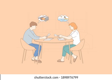 Reading news and newspapers concept. Young positive couple woman and man sitting at home and reading news about traveling and accidents together vector illustration