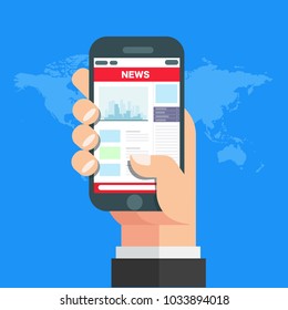 Reading news on mobile phone. Hand holding smartphone with newspaper, news website. Vector illustration