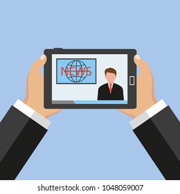 Reading news on mobile phone. Hand holding smartphone, news website. Modern flat design graphic elements, thin line icons set for web banner, web site, infographics.