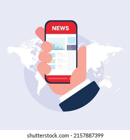 Reading news on mobile phone. Hand holding smartphone with newspaper, news website. Vector illustration