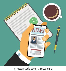 
Reading news on mobile phone. The concept of the news application, documentation, cup of coffee. Vector illustration in a flat style isolated on background.