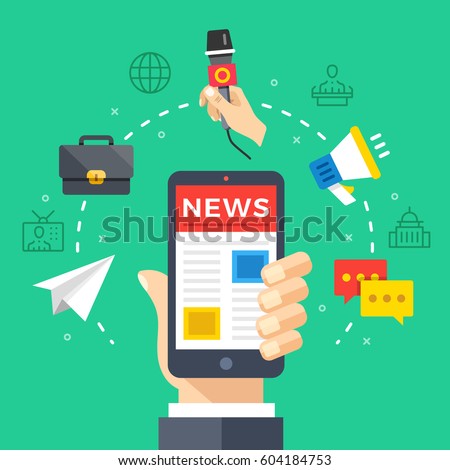 Reading news on mobile phone. Hand holding smartphone with newspaper, news website. Modern flat design graphic elements, thin line icons set for web banner, web site, infographics. Vector illustration