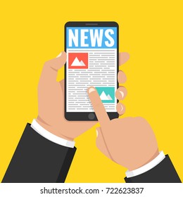 Reading news on mobile smartphone concept. Hand holding phone with newspaper, news website. Vector illustration.