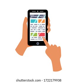 Reading news on the phone. Hands are holding a digital phone with the latest news on display. Editable Vector Illustration
