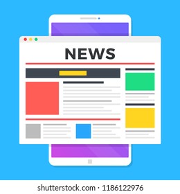 Reading news on smartphone. Online newspaper website opened in mobile browser on smart phone. News app, online media. Modern flat design. Vector illustration