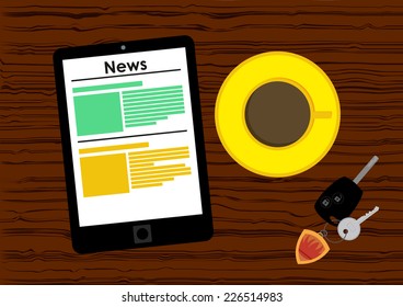 Reading News on a Tablet during a Coffee Break and anytime ready to go. Wooden Table Background. Flat Design, Top View