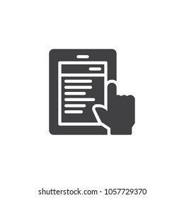 Reading news on tablet vector icon. filled flat sign for mobile concept and web design. Finger clicks on tablet display with touch screen simple solid icon. Symbol, logo illustration