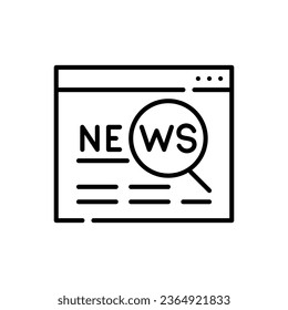 Reading news online in a browser. Electronic newspaper and magnifying glass. Pixel perfect, editable stroke