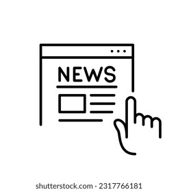 Reading news online from digital media source. Finger tapping on browser. Pixel perfect, editable stroke icon