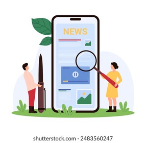 Reading news online, social media blog analysis and review in mobile app, journalism. Tiny people research article, newsletter on smartphone screen with magnifying glass cartoon vector illustration