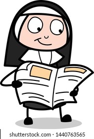 Reading News Paper - Cartoon Nun Lady Vector Illustration