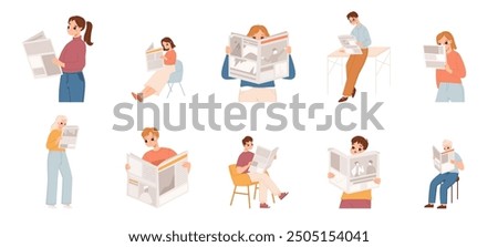 Reading newspaper characters. Men women read paper periodic with different news. Surprised people, print media and polygraphy, snugly vector set