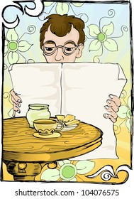 Reading newspaper with coffee and snack