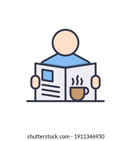 Reading newspaper with coffee and tea icon, color, line, outline vector sign, linear style pictogram isolated on white. Symbol, logo illustration