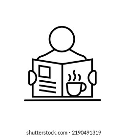 Reading newspaper with coffee and tea icon, color, line, outline vector sign, linear style pictogram isolated on white. Symbol, logo illustration