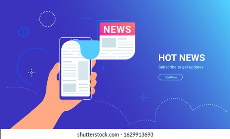 Reading newspaper on smartphone. Vector gradient illustration of human hand holding smartphone with news application flying out of screen. Infographic design for media tracking and sharing news posts