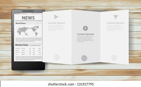 Reading newspaper with smart phone, Creative folded paper modern template design vector illustration