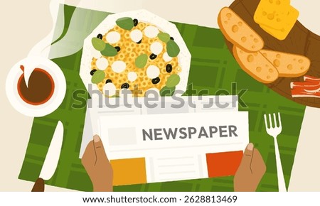 Reading newspaper top view. Daily paper press with news, persons hands holding morning news, table with coffee cup and breakfast. Vector morning magazine illustration.