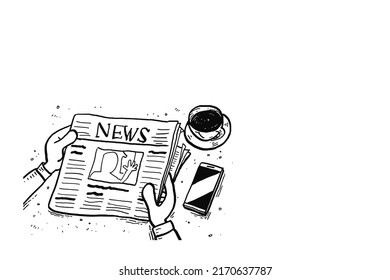 Reading newspapers on office desk. Cartoon vector illustration design