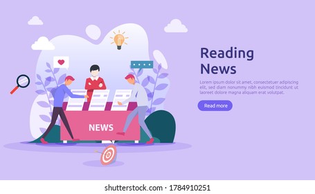 reading newspapers and online news article media on smartphone concept with people character. flat illustration template for web landing page, banner, presentation, social, poster, ad or print media
