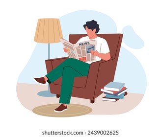 Reading newspapers. Young man is sitting in armchair and reading latest press, guy looks through daily news column, periodical printing product cartoon flat style nowaday vector concept