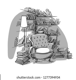 Reading nook, cozy room with bookshelves, vector illustration