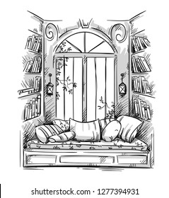 Reading nook, cozy window seat vector drawing