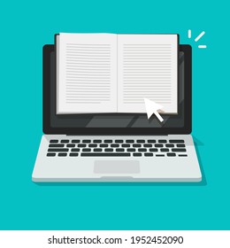 Reading open notebook or notepad online on laptop computer vector flat cartoon illustration, digital book or web text content article creation, idea of blogging or learning concept