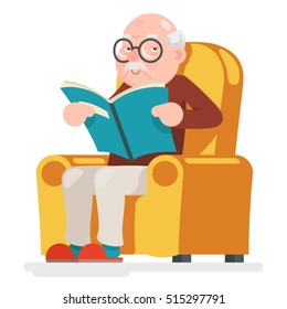 Reading Old Man Character Sit Adult Icon Cartoon Vector Illustration