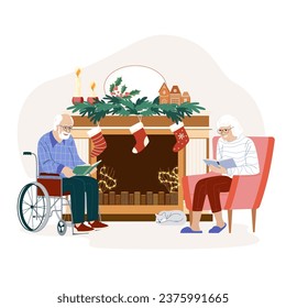 Reading old man in wheelchair. Disabled elderly man spending time together with his wife near the fireplace decorated for Christmas holiday. Vector cute flat illustration isolated on white background