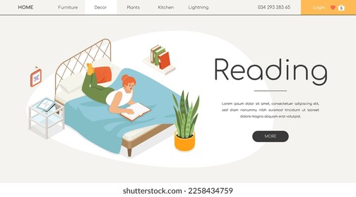 Leer en la cama - Banner de la web isométrica de color moderno sobre fondo blanco con espacio para copiar texto. Un encabezado con una chica en el dormitorio hojeando un libro. Calma en la noche, idea en casa