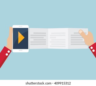 reading on paper leaflet from smartphone, mobile technology concept vector illustration