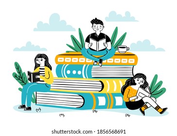 Reading on pile of books. Happy students sit on big book stack, read and learn. Books festival poster for bookstore, library vector concept. Illustration training and studying, pile book literature