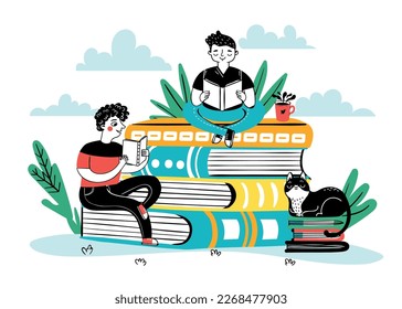 Reading on pile of books, student study. Vector of education, student study illustration with pile of knowledge, school book and literature