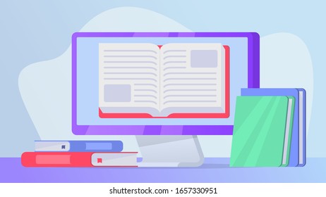 reading online books concept with open book on computer laptop screen