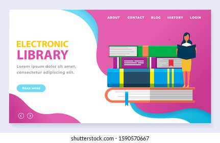 Reading online library books, storage landing web page template vector. Books volumes and readers, electronic storage, learning and education. Textbook or novel, science and literature illustration