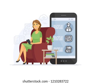 Reading online - modern vector cartoon character illustration