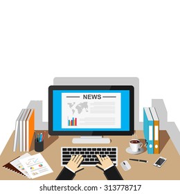 Reading online news with computer design illustration.
